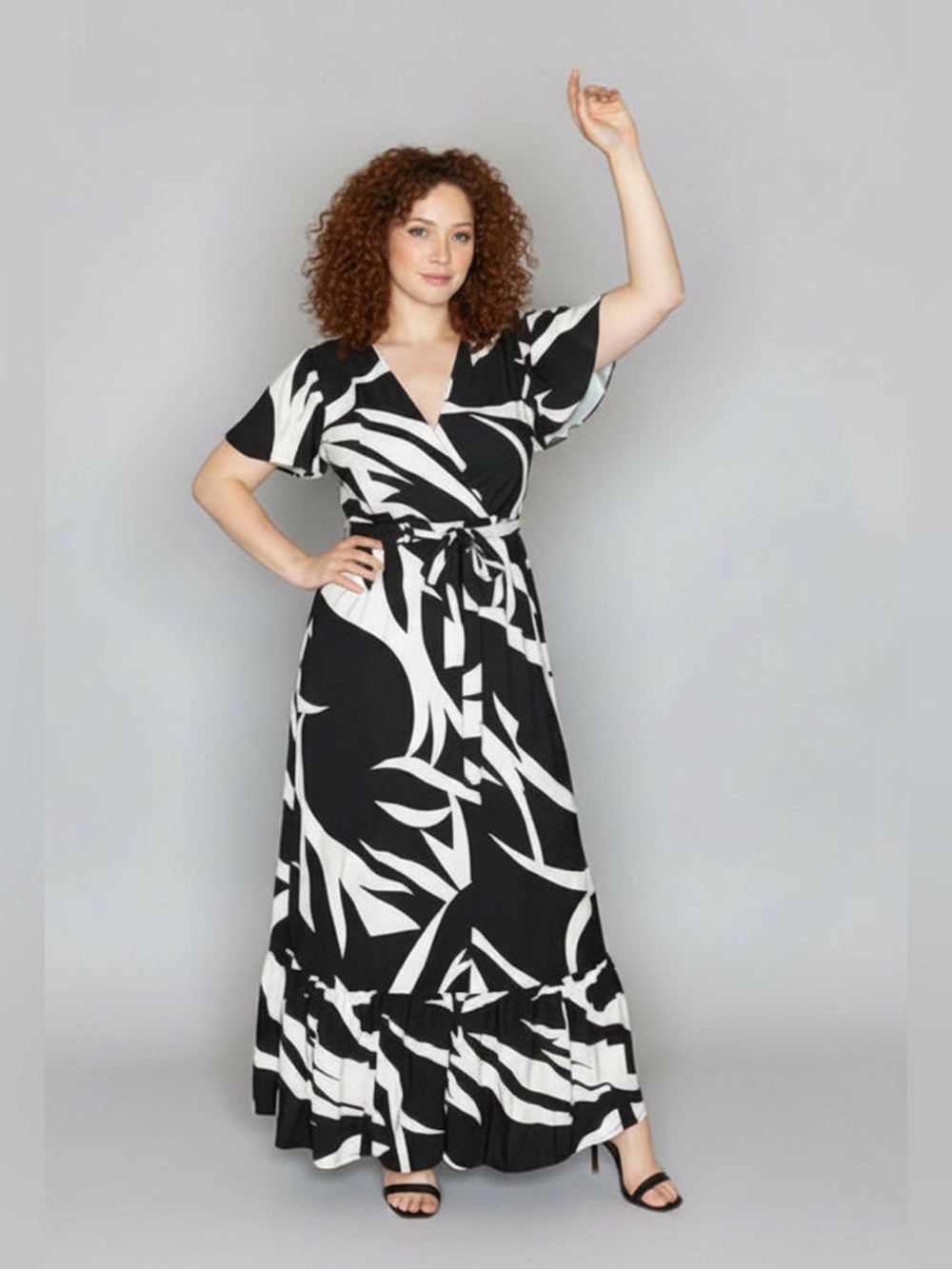 Black & White Crossover Top Floral Long Dress With Tie Belt - Picture 6 of 9